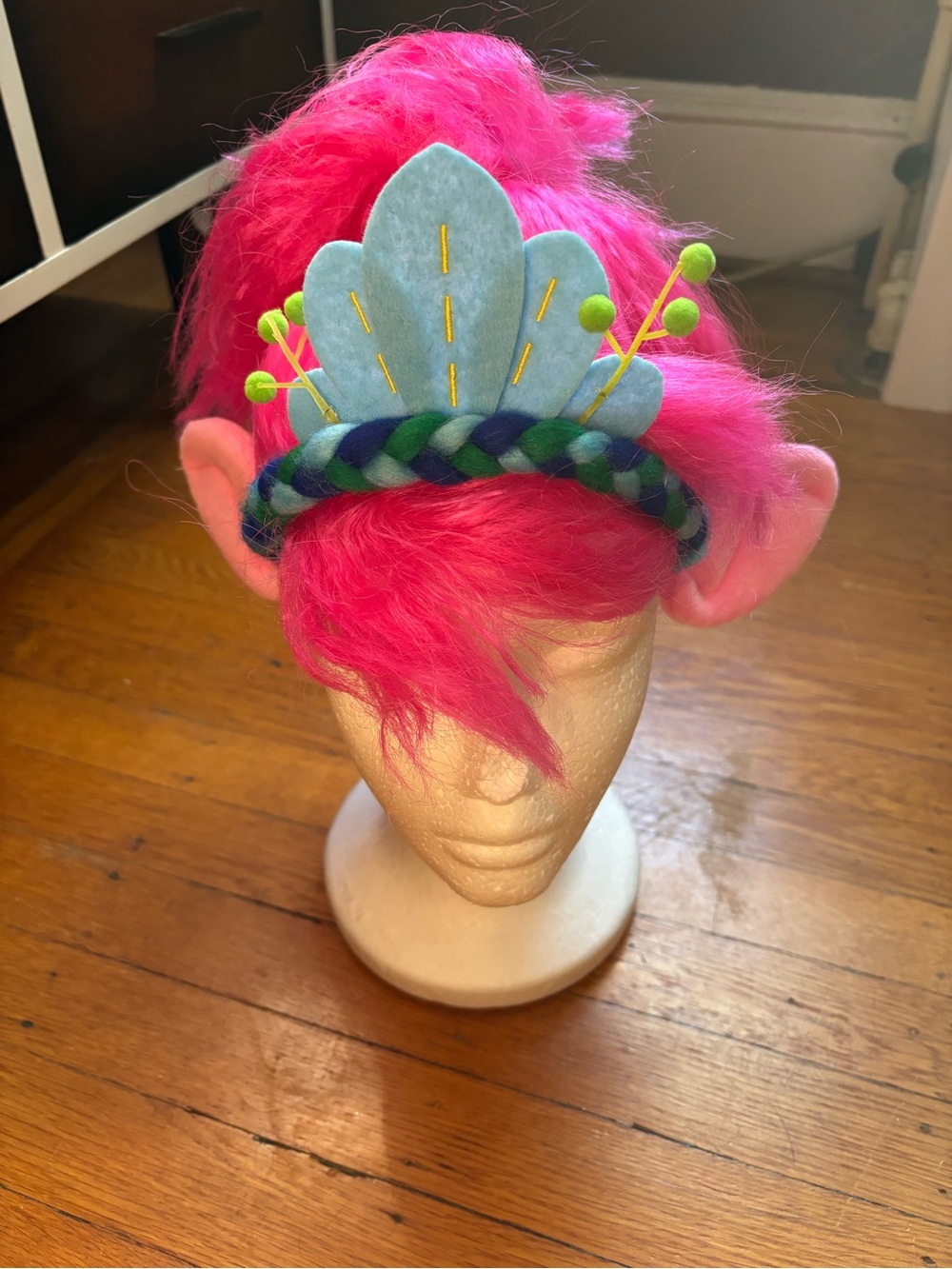 Trolls Pink Plush Headband with Blue-Green Crown